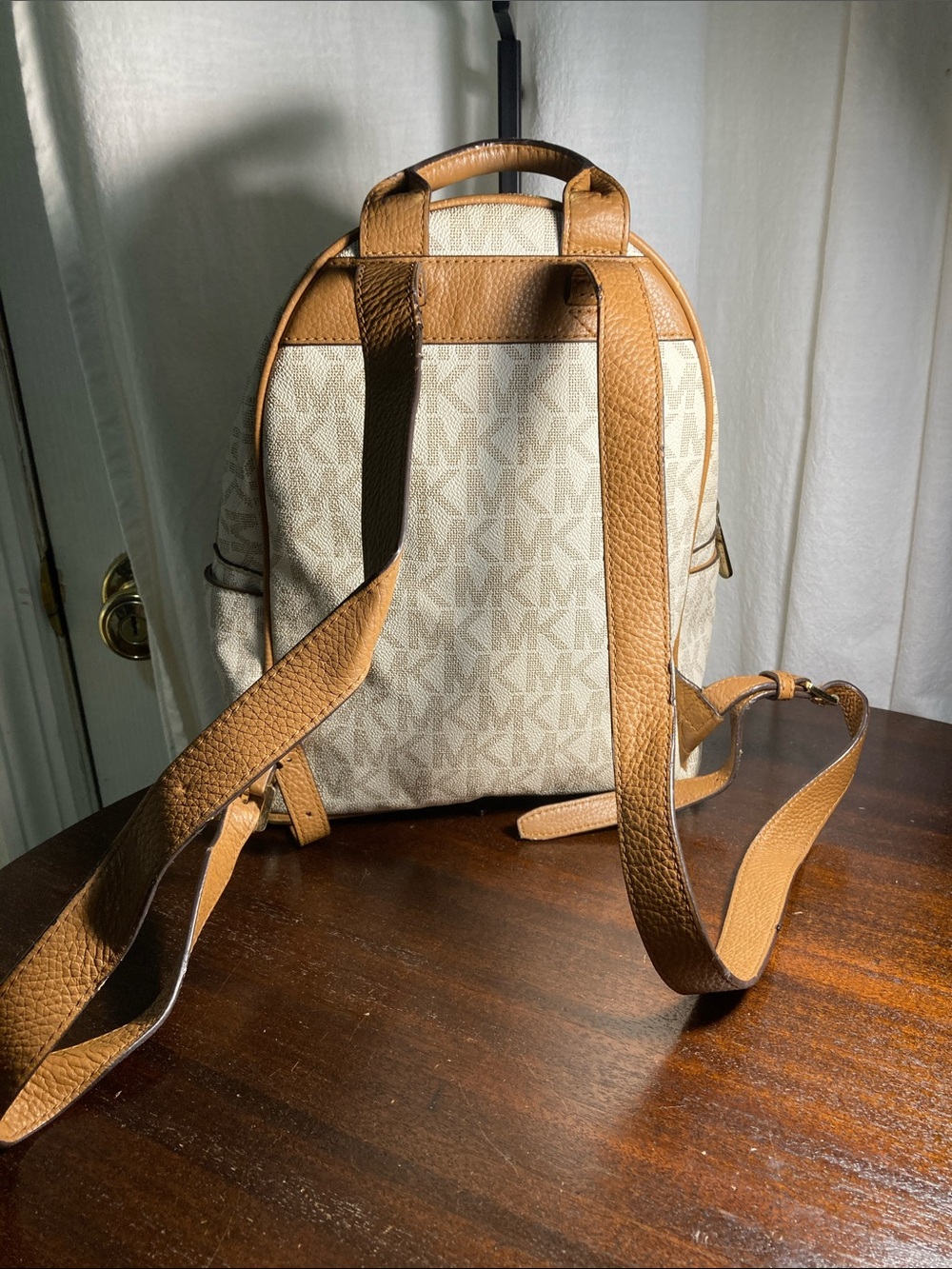 Michael Kors Cream and Tan MK Logo Studded Abbey Medium Backpack - Picture 4 of 12